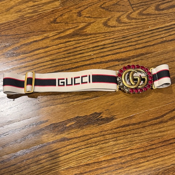 Gucci Beige Elastic Belt with Red & Black Web and Crystal GG Buckle - Picture 4 of 4